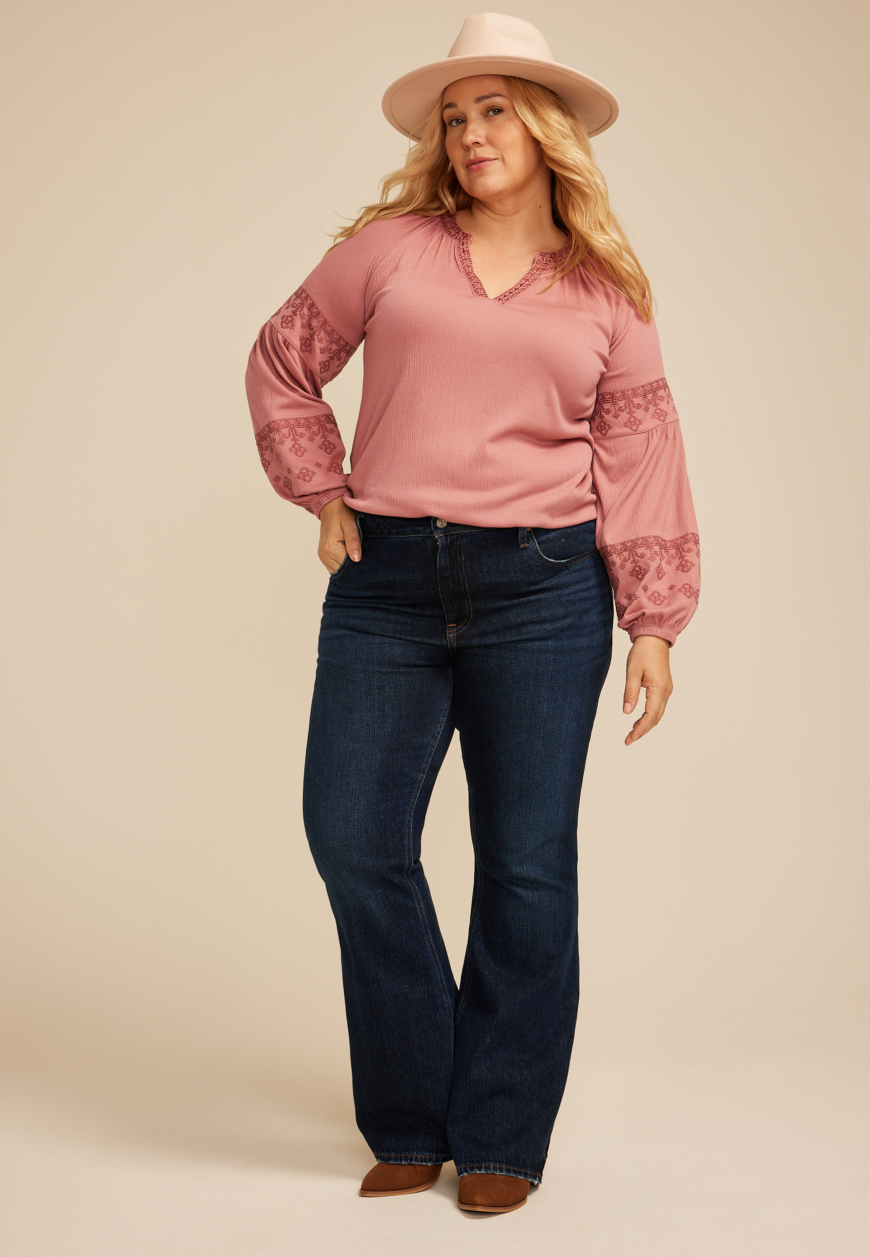 Plus Size Embroidered Gauze Blouson Sleeve Top, SOFT MAUVE, large
