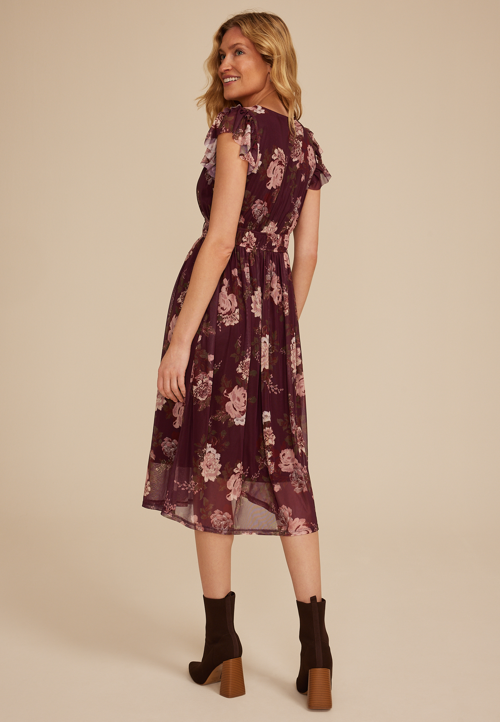 Floral Mesh Flutter Sleeve Midi Dress, C1524, large