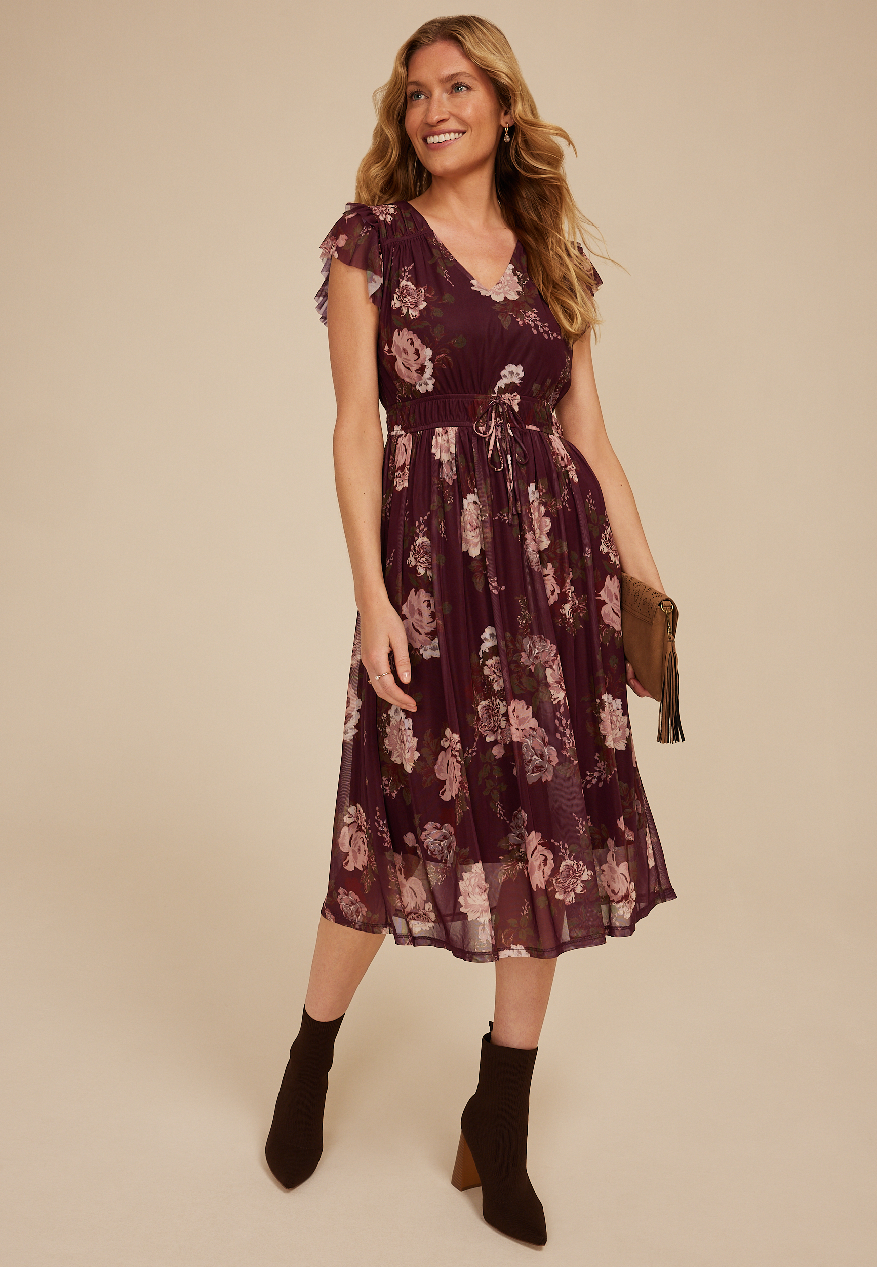 Floral Mesh Flutter Sleeve Midi Dress, C1524, large