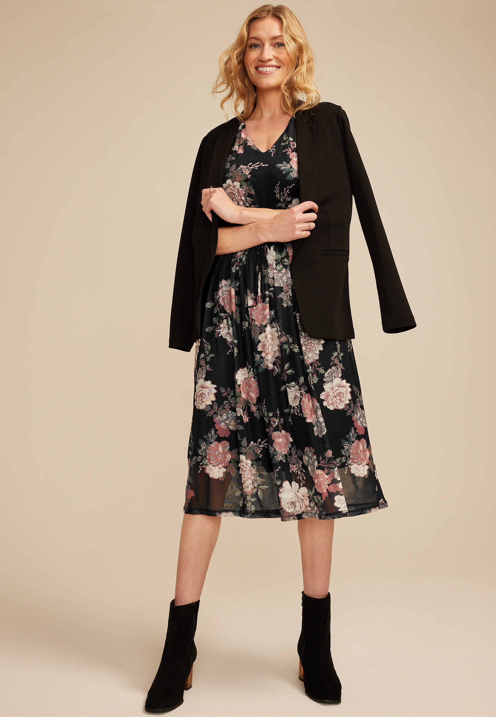 Floral Mesh Flutter Sleeve Midi Dress