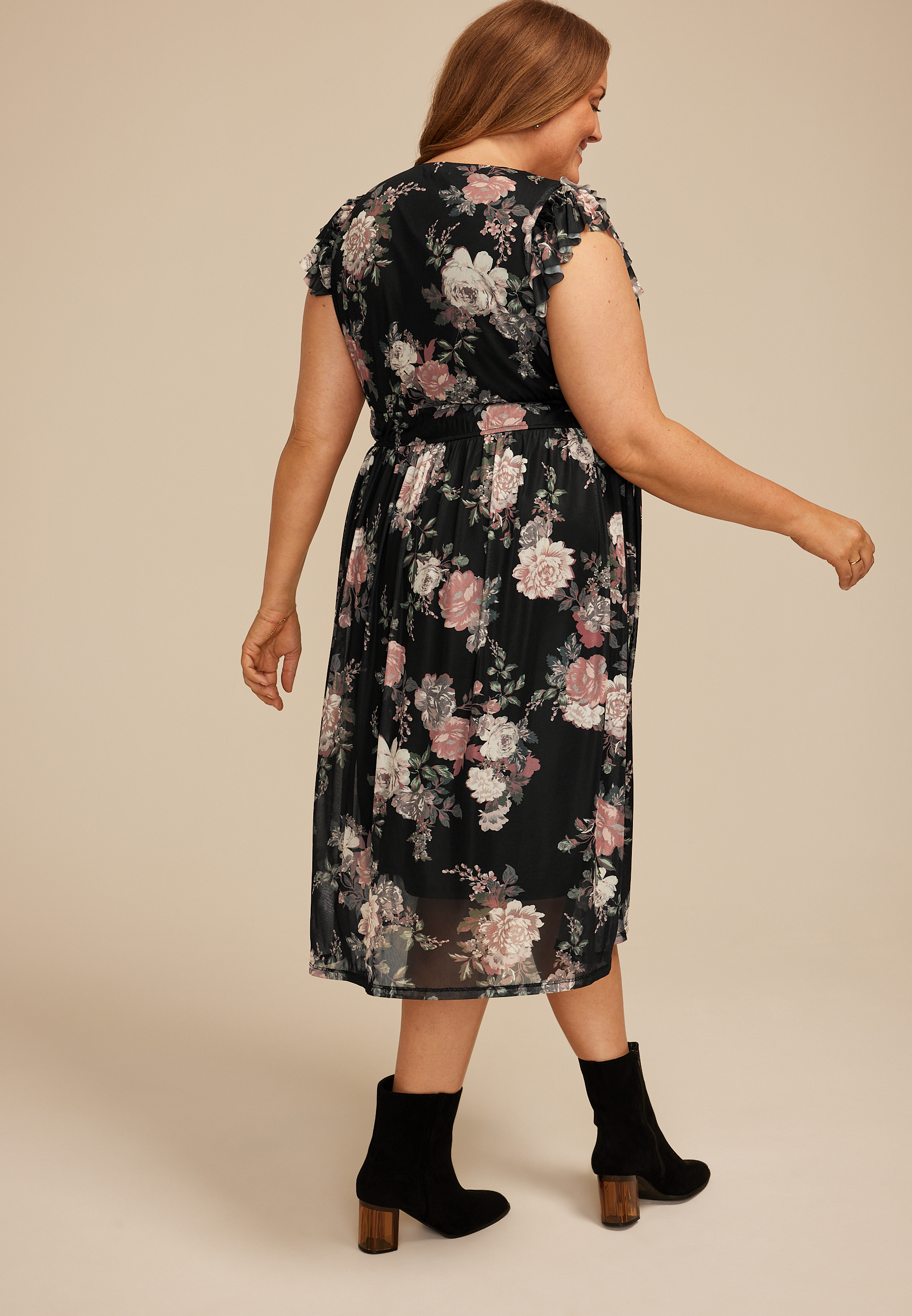 Plus Size Floral Mesh Flutter Sleeve Midi Dress, BLACK COMBO, large