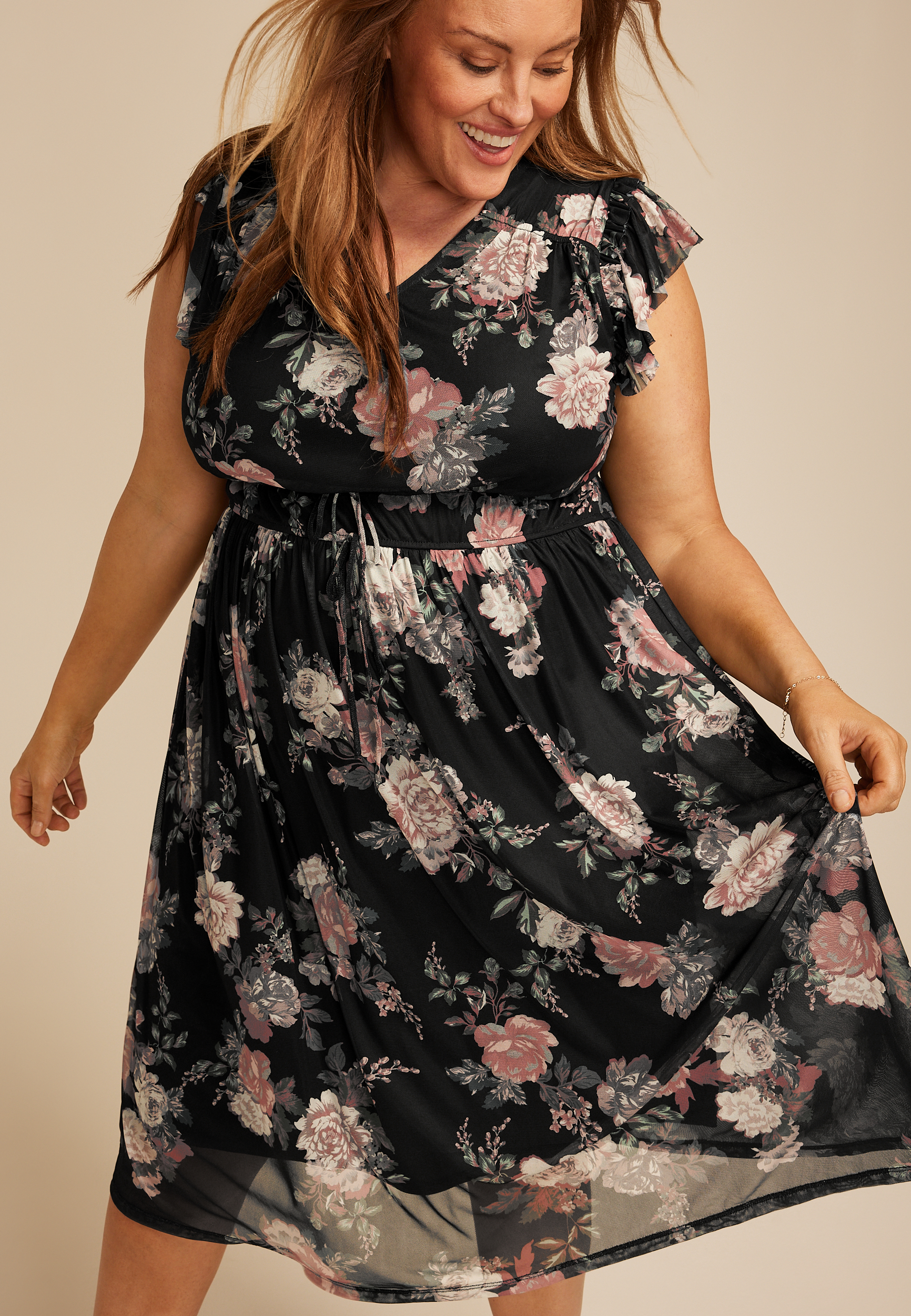 Plus Size Floral Mesh Flutter Sleeve Midi Dress, BLACK COMBO, large