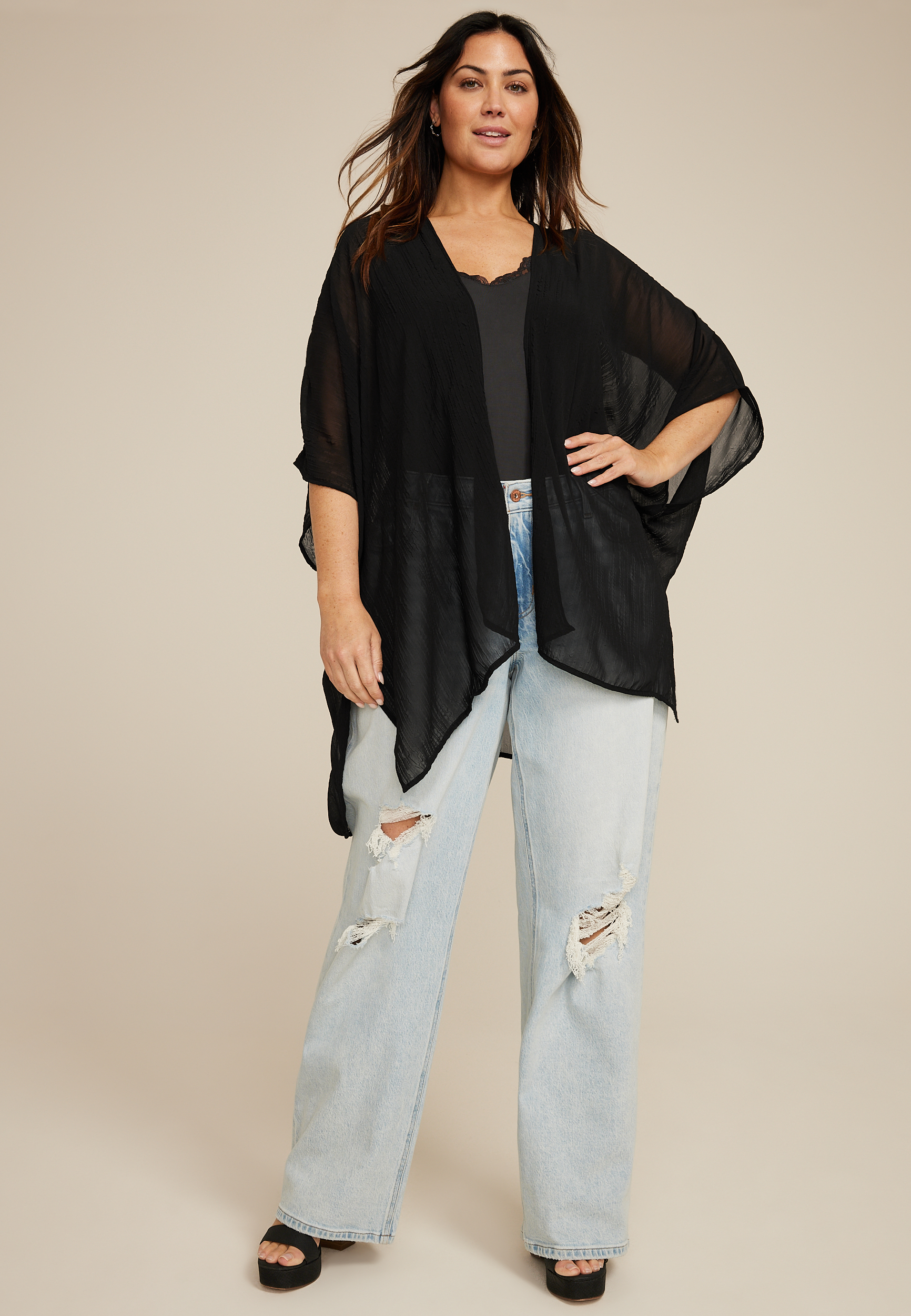 Black Sheer Crinkle Kimono, C106, large