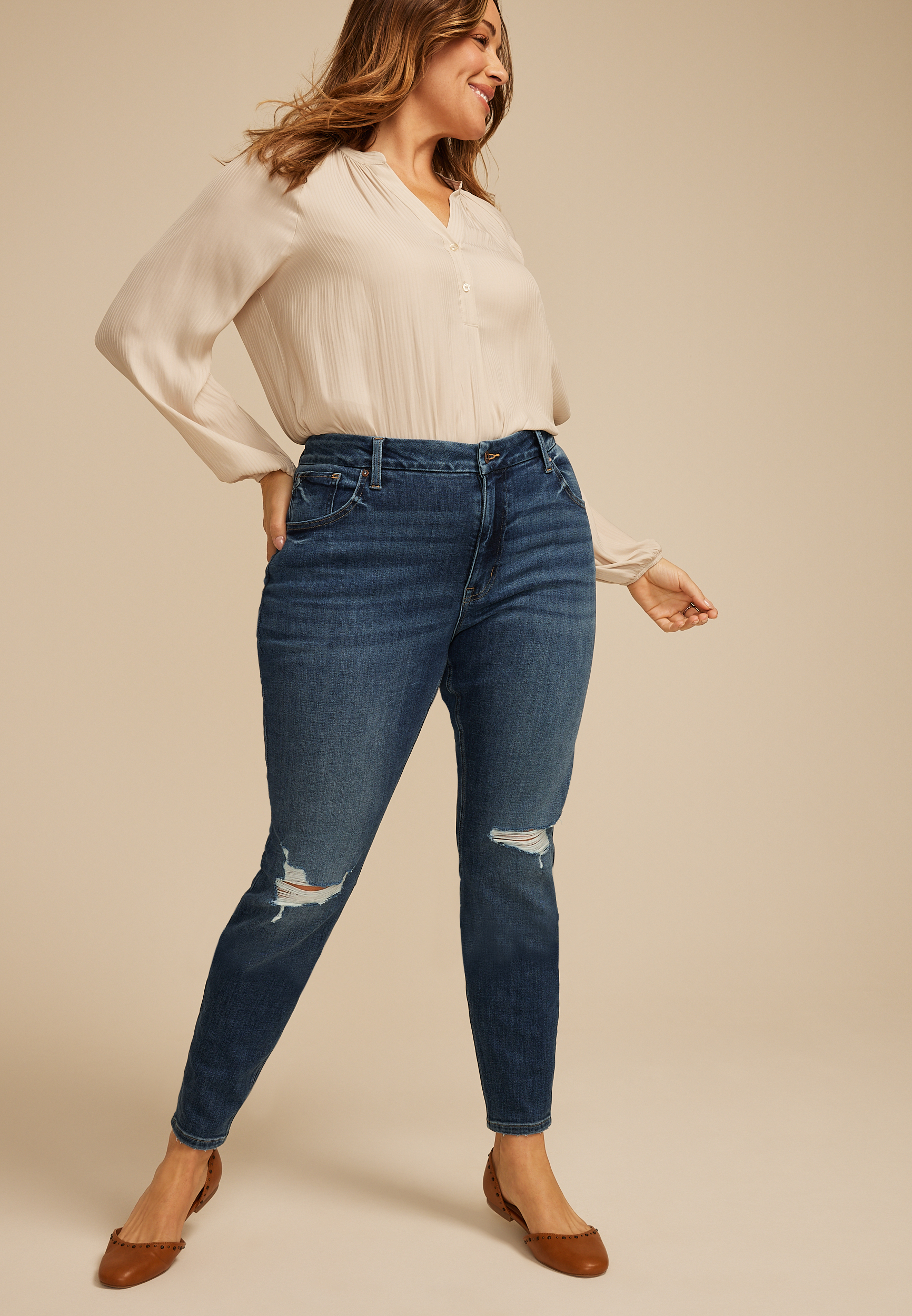 Plus Size edgely™ Dark High Rise Ripped Cheeky Super Skinny Jean