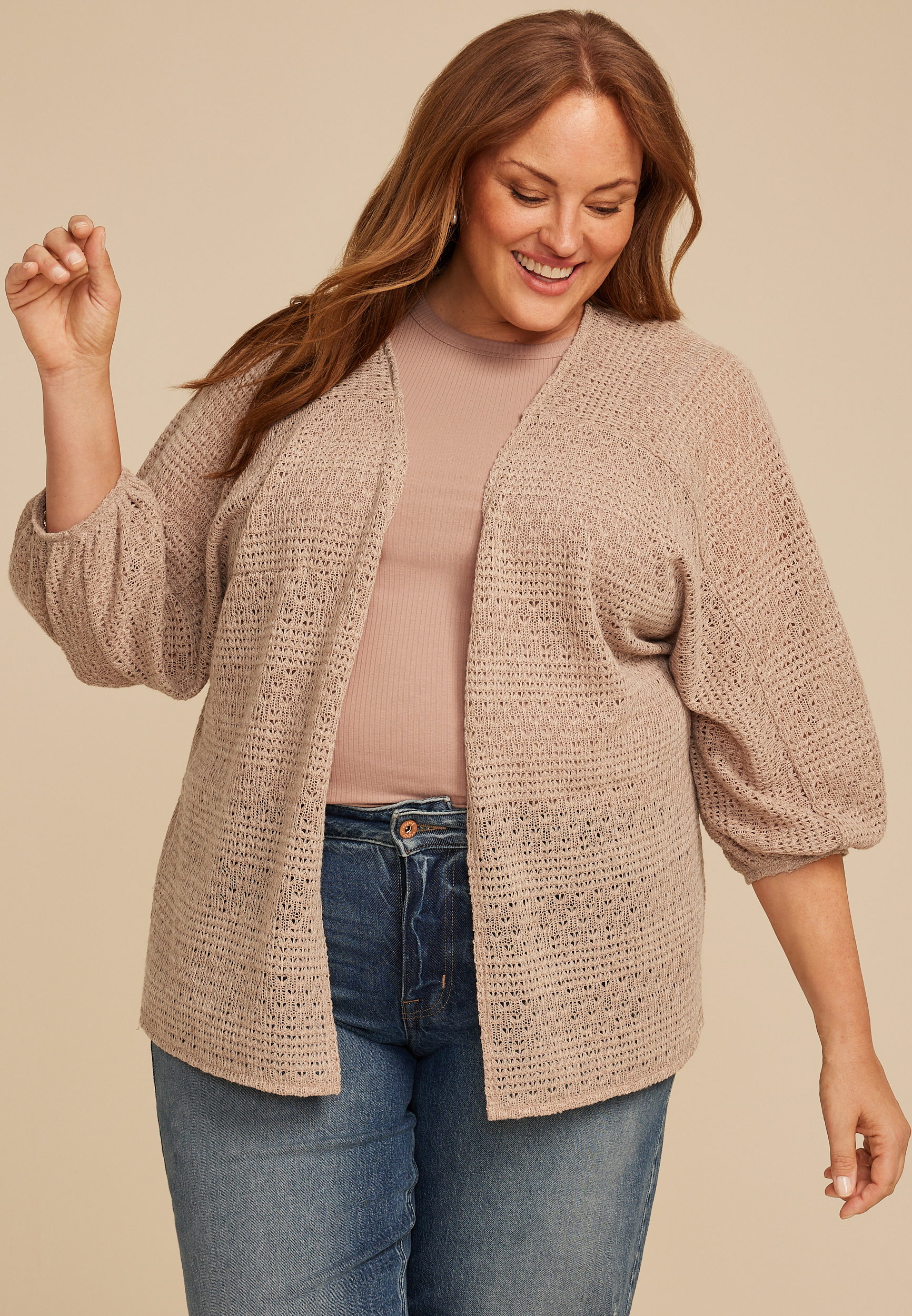 Plus Size Crochet Blouson Sleeve Kimono