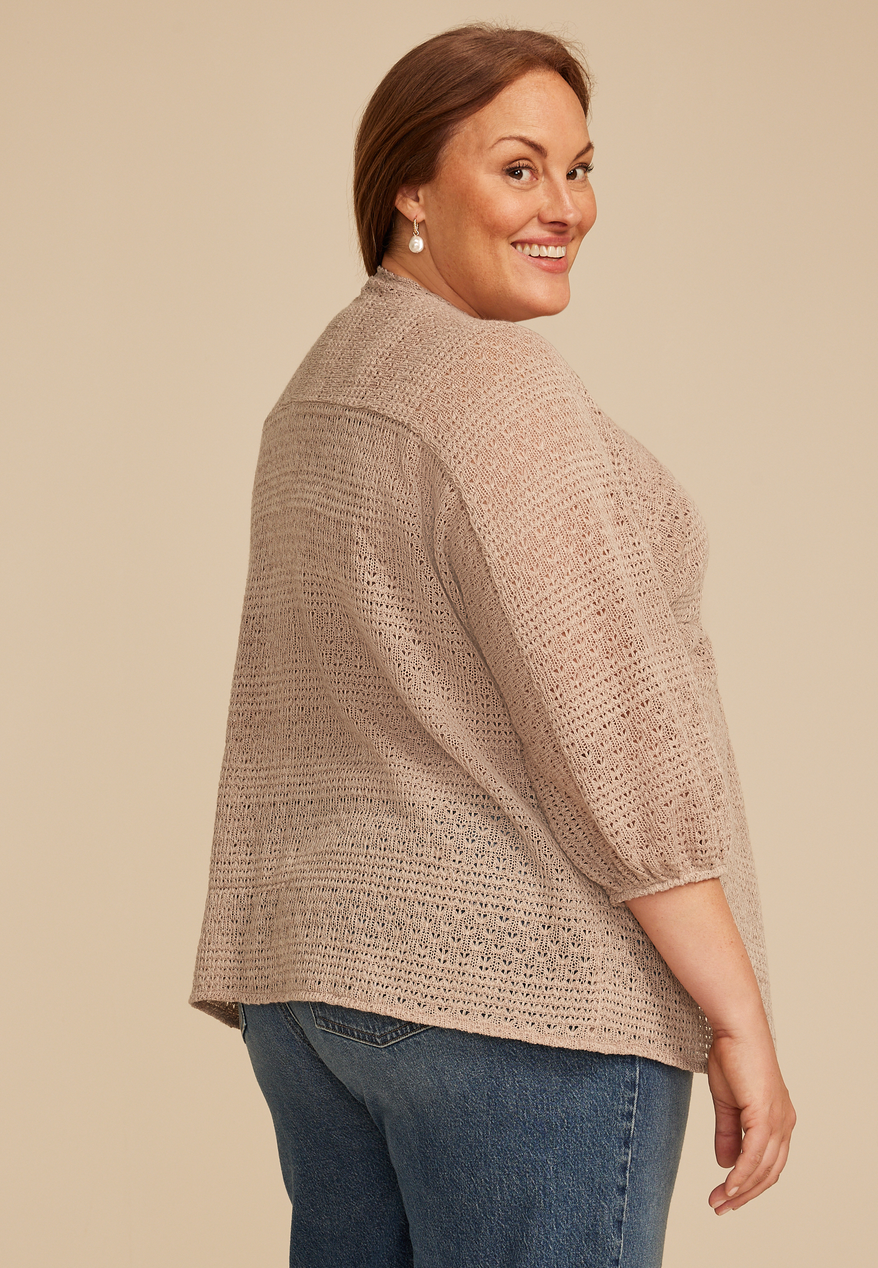 Plus Size Crochet Blouson Sleeve Kimono, C5341, large