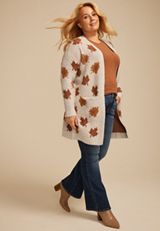 Plus Size Fall Leaf Fair Isle Open Front Cardigan, C9883, small
