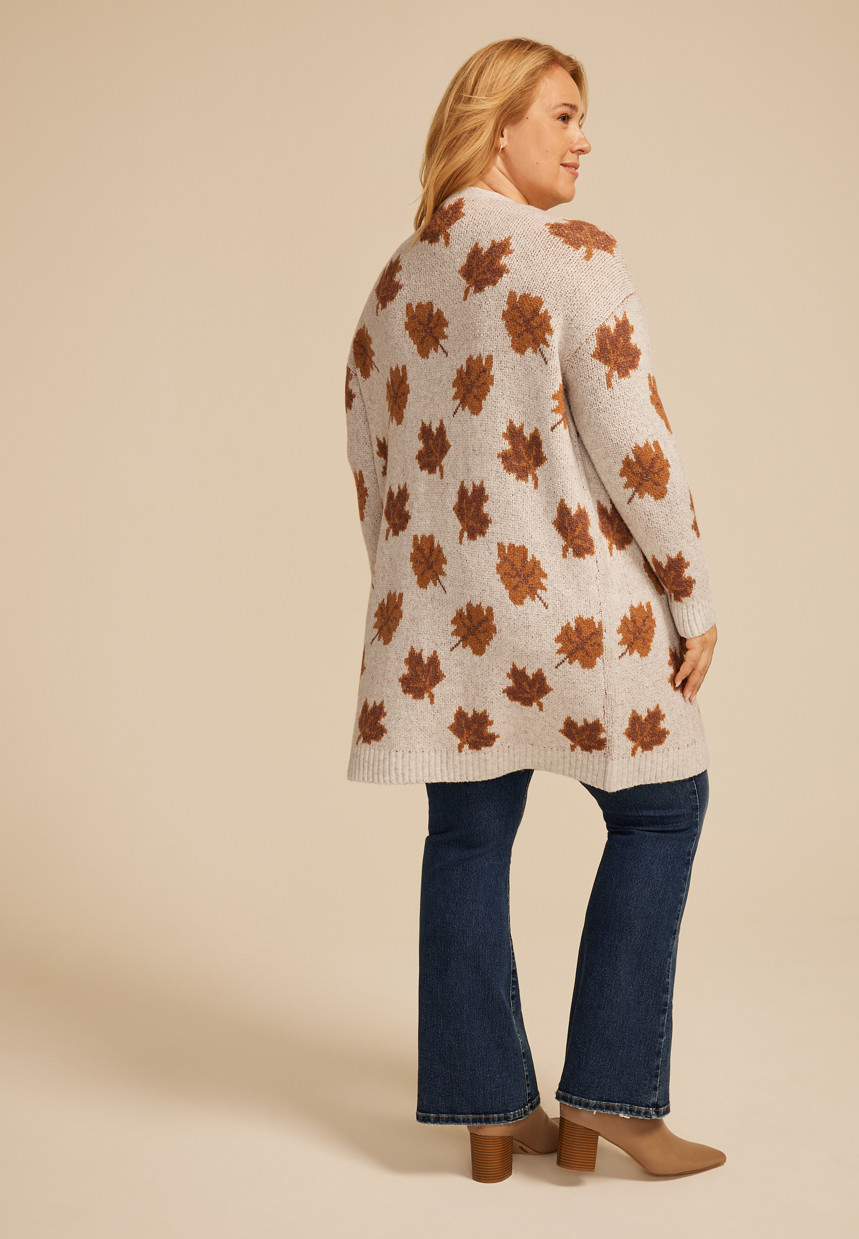 Plus Size Fall Leaf Fair Isle Open Front Cardigan, C9883, large