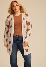 Plus Size Fall Leaf Fair Isle Open Front Cardigan, C9883, small