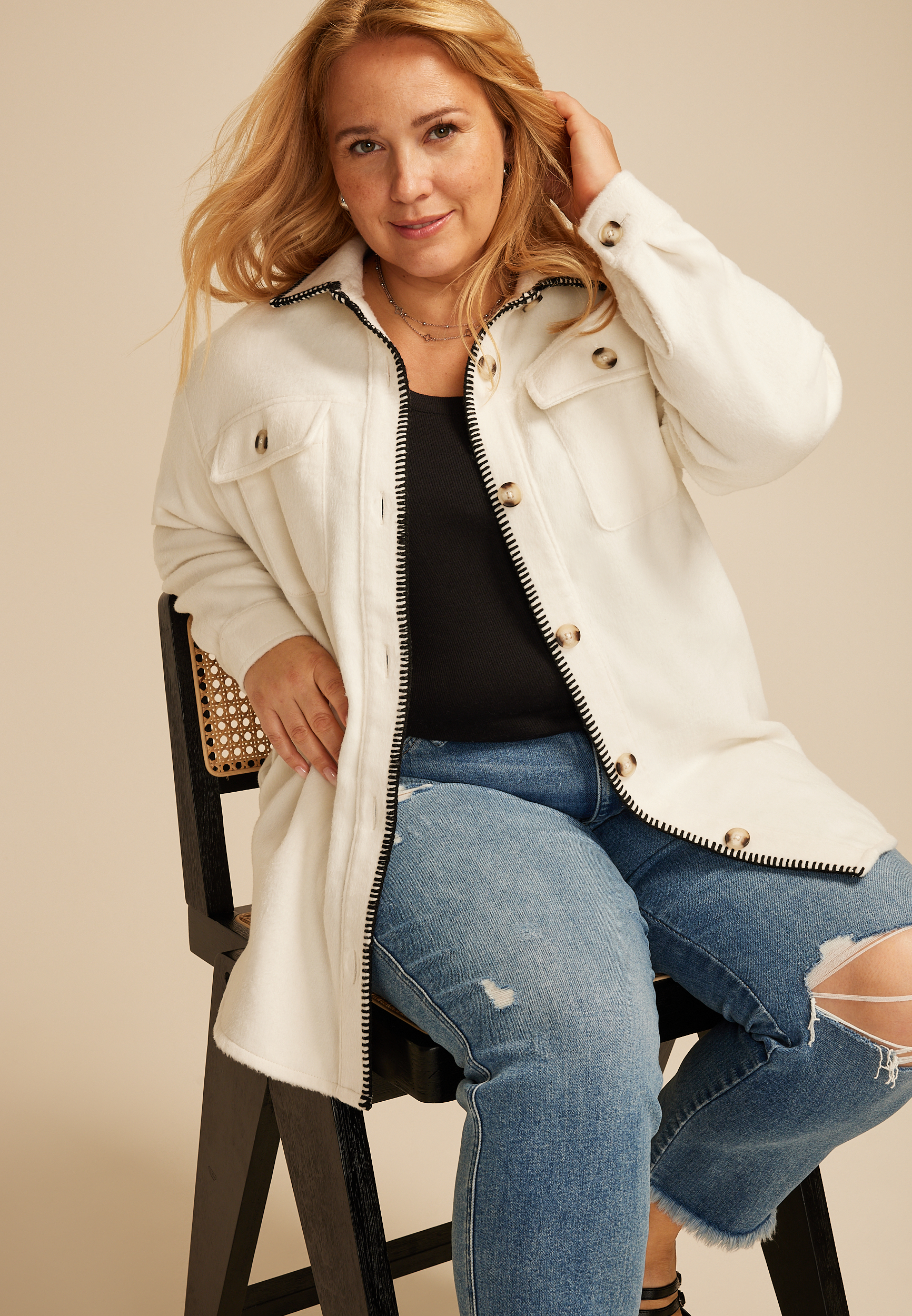 Plus Size Whipstitch Shacket, C6007, large