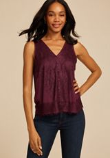 Lace Trim V Neck Tank Top, FIG, small
