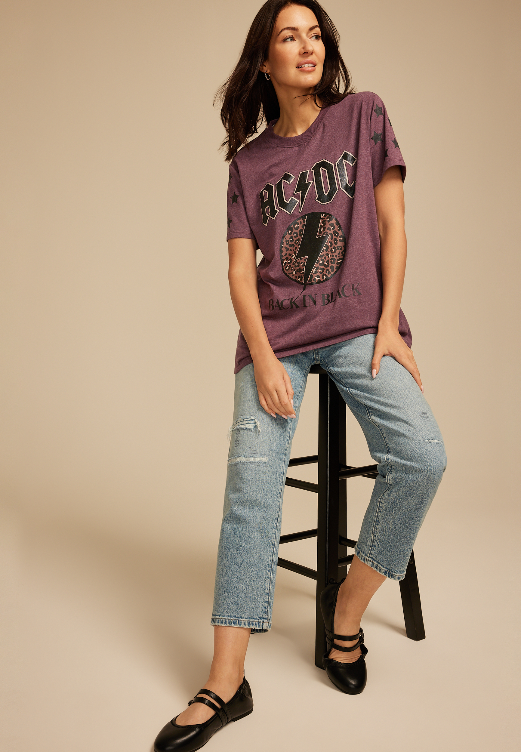 ACDC Back in Black Leopard Print Oversized Fit Graphic Tee