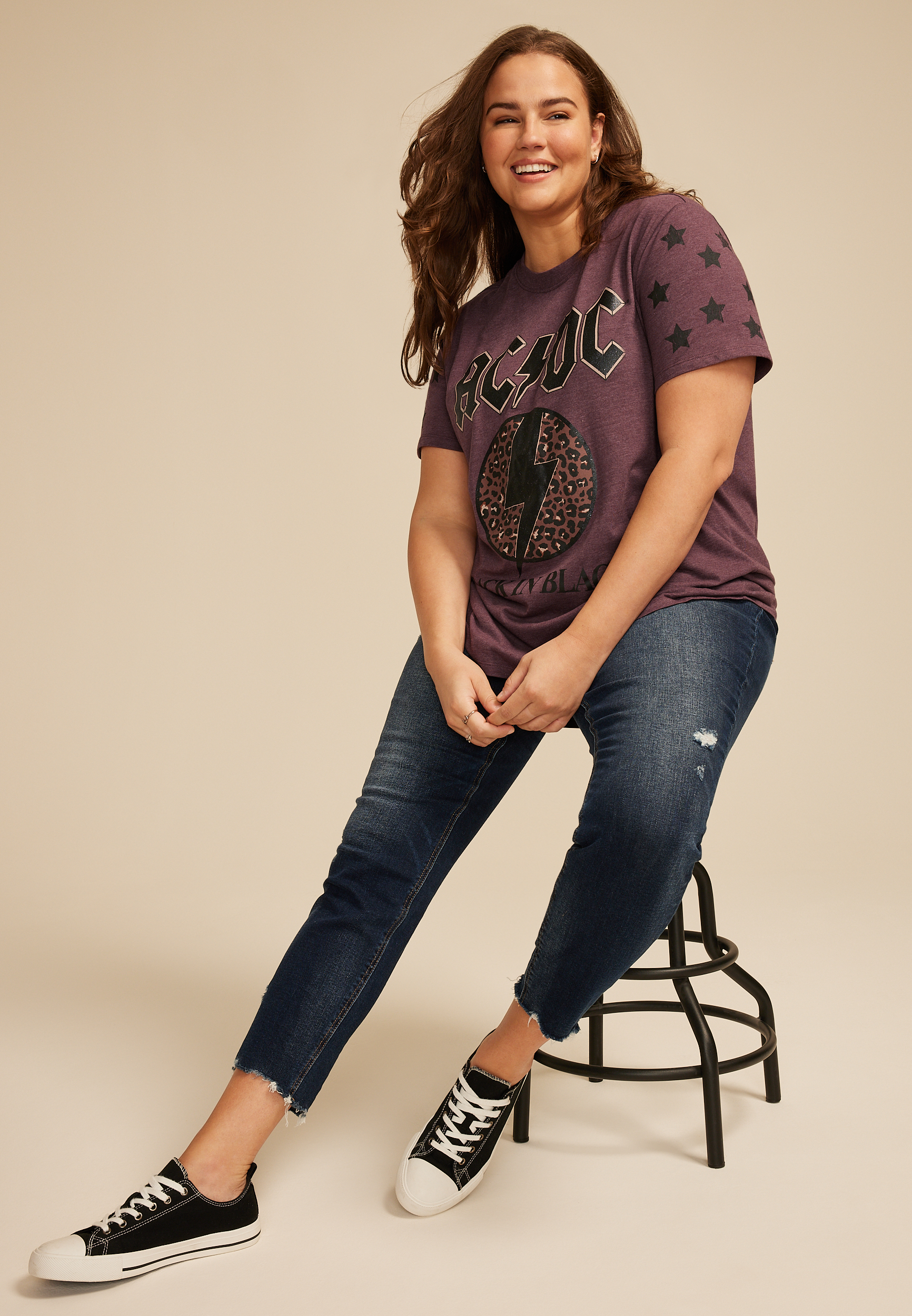 Plus Size ACDC Back in Black Leopard Print Oversized Fit Graphic Tee, BURGUNDY, large