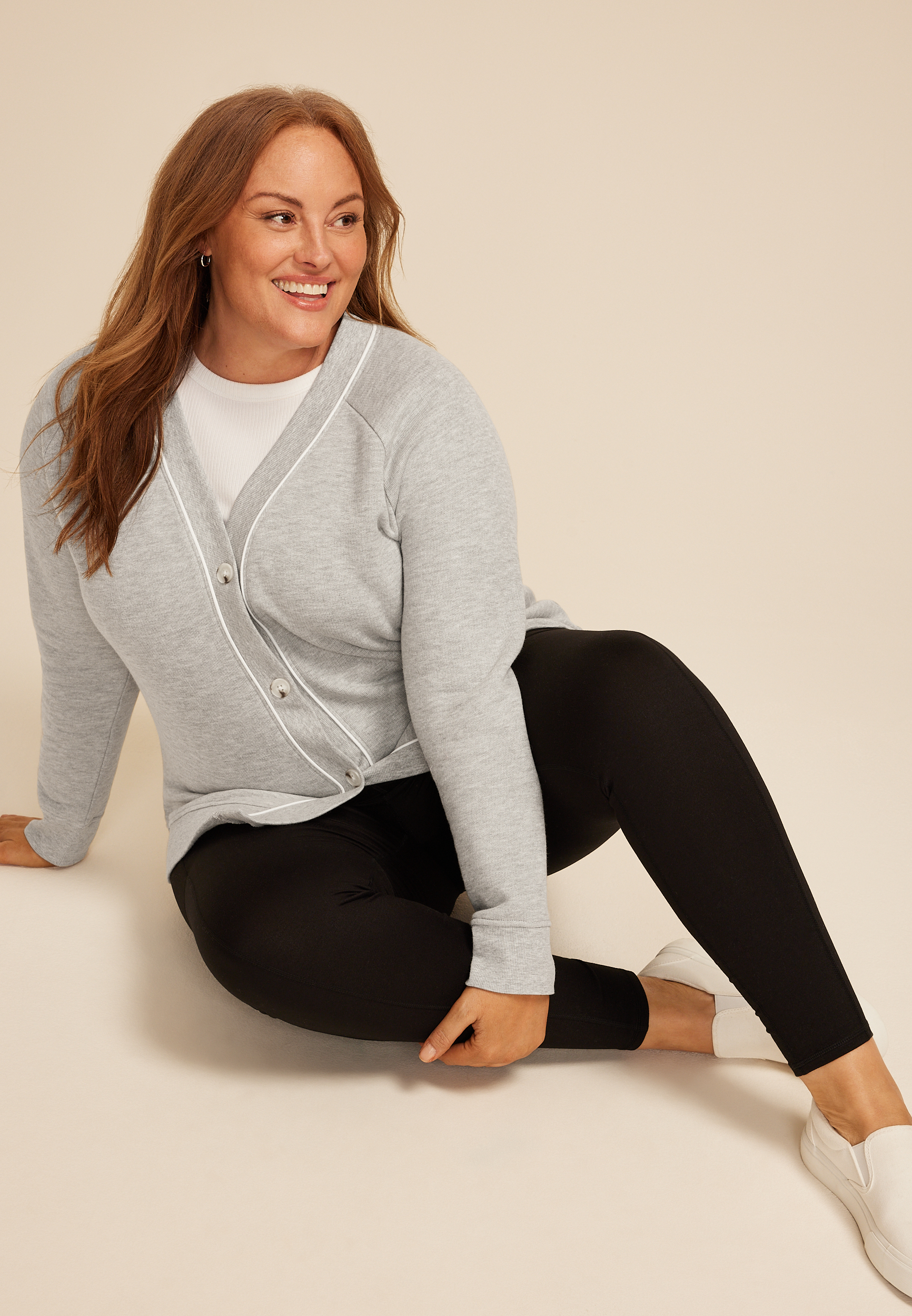 Plus Size French Terry Button Front Cardigan, , large