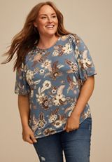 Plus Size Floral Short Flutter Sleeve Top, DUSK SKY COMBO, small
