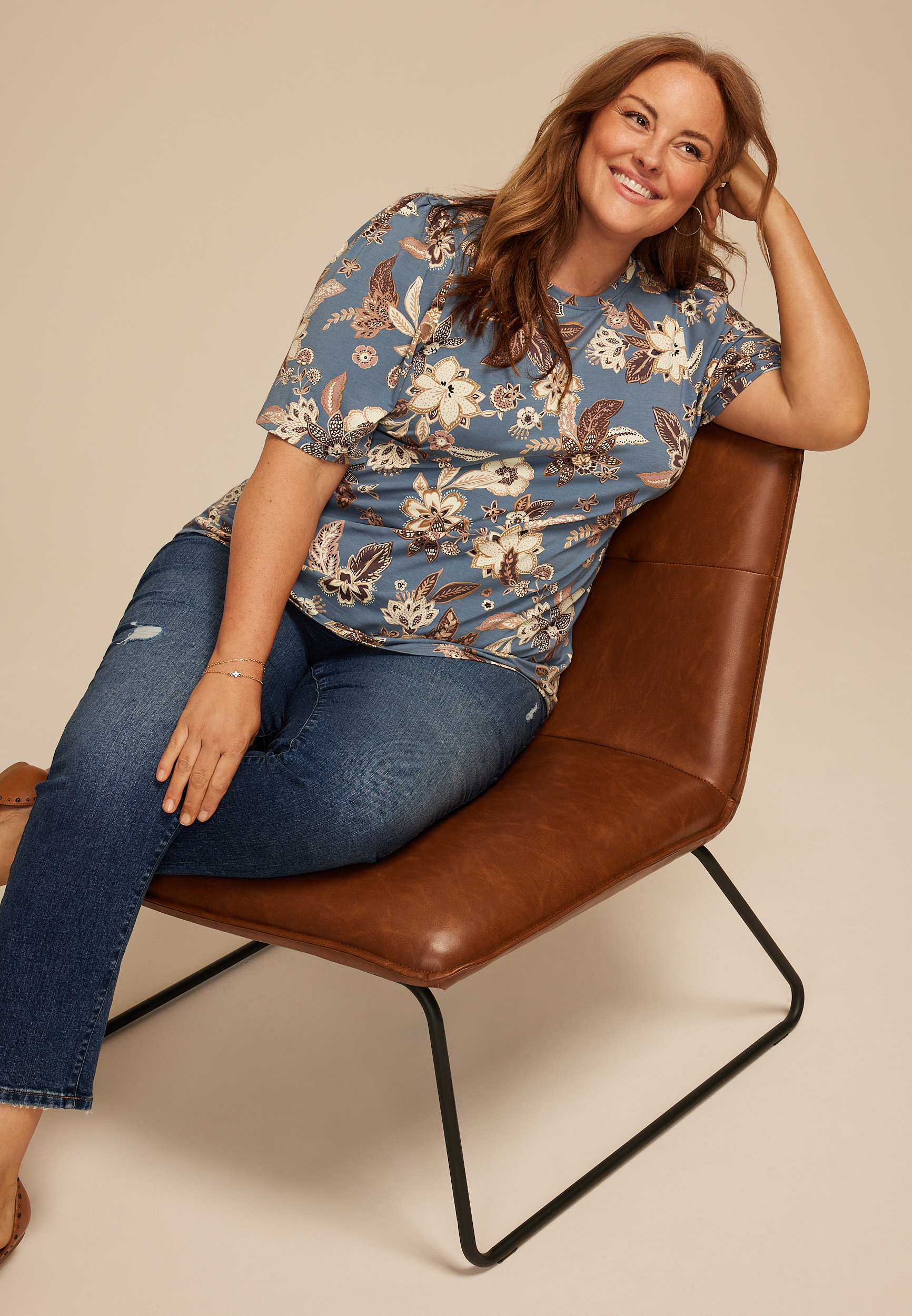 Plus Size Floral Short Flutter Sleeve Top, DUSK SKY COMBO, large