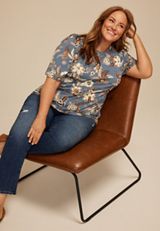 Plus Size Floral Short Flutter Sleeve Top, DUSK SKY COMBO, small