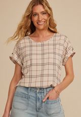 Delton Plaid Zipper Back Blouse, TAUPE COMBO, small