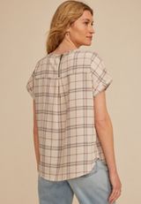 Delton Plaid Zipper Back Blouse, TAUPE COMBO, small