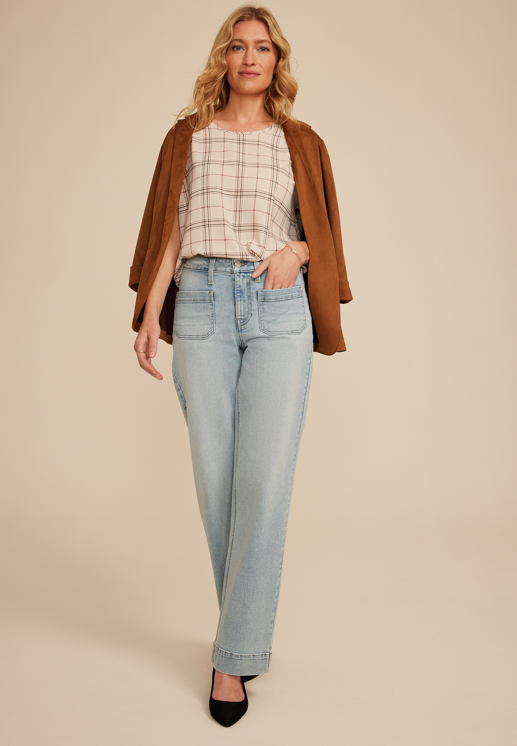 Delton Plaid Zipper Back Blouse, TAUPE COMBO, large