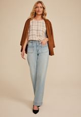 Delton Plaid Zipper Back Blouse, TAUPE COMBO, small