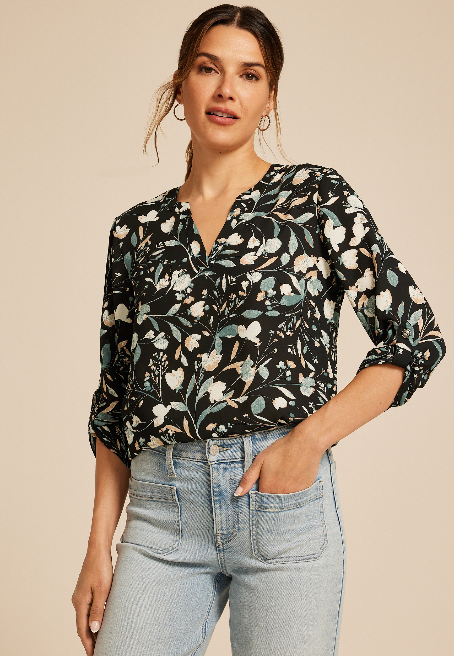 Atwood 3/4 Sleeve Floral V Neck Blouse