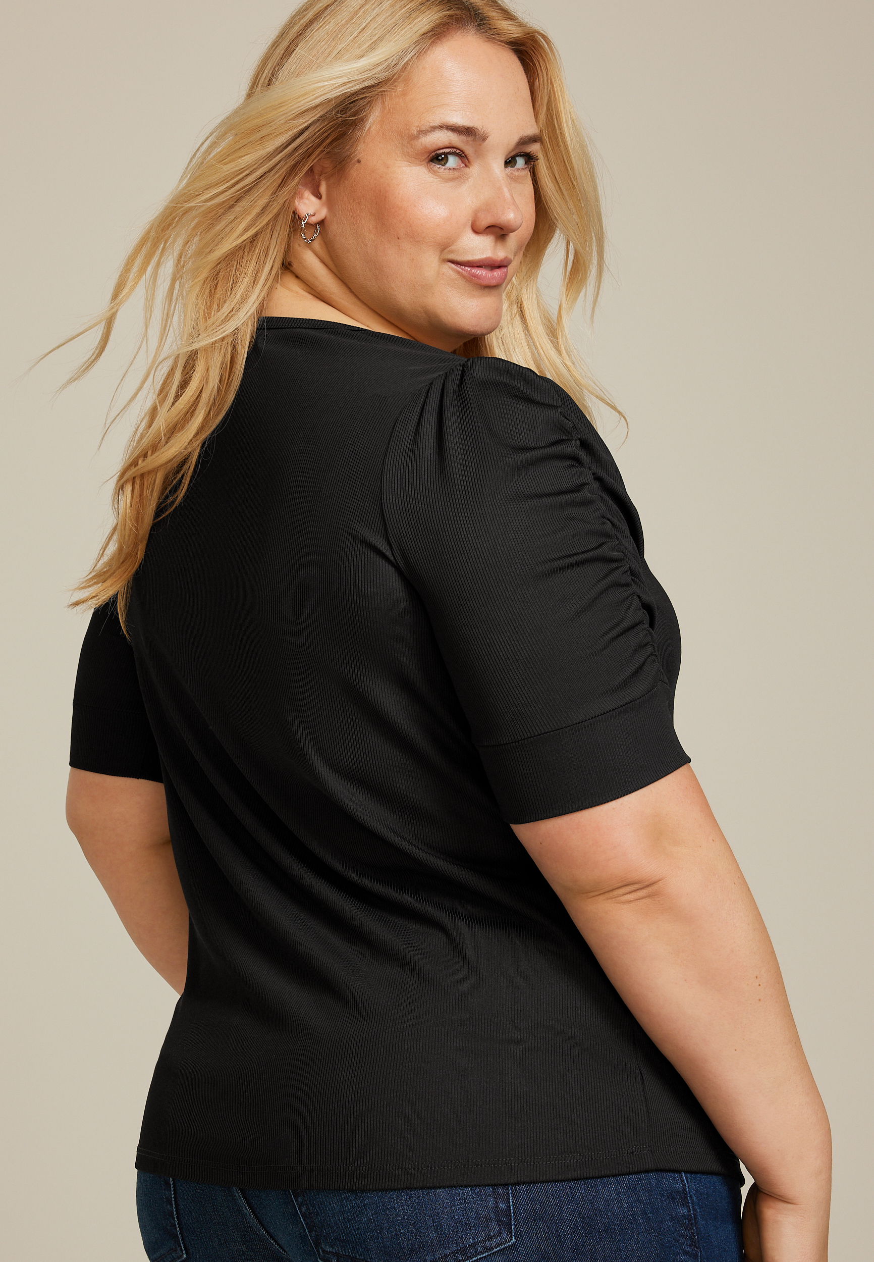 Plus Size Ruched Puff Sleeve Top, C106, large