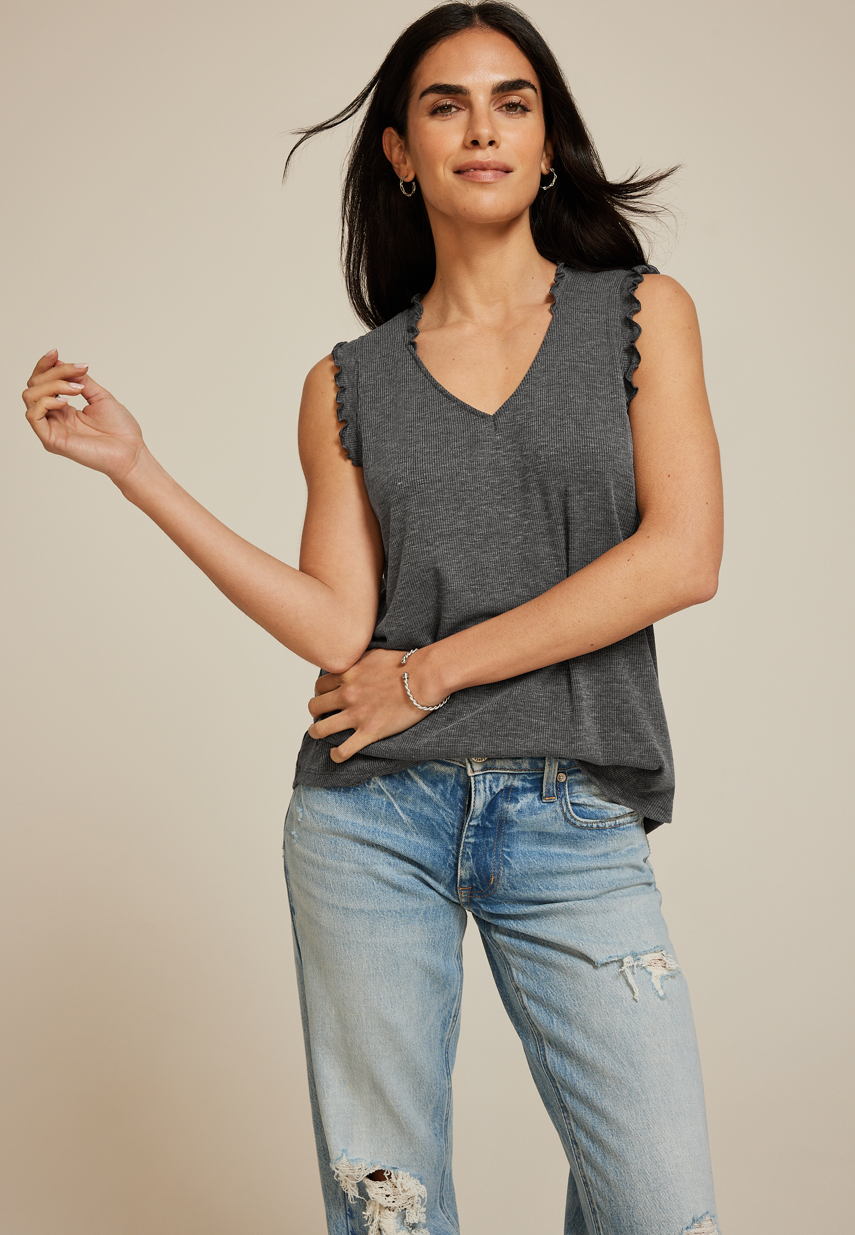 Ruffle Trim V Neck Tank Top