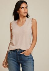 Ruffle Trim V Neck Tank Top, CAMEL, small