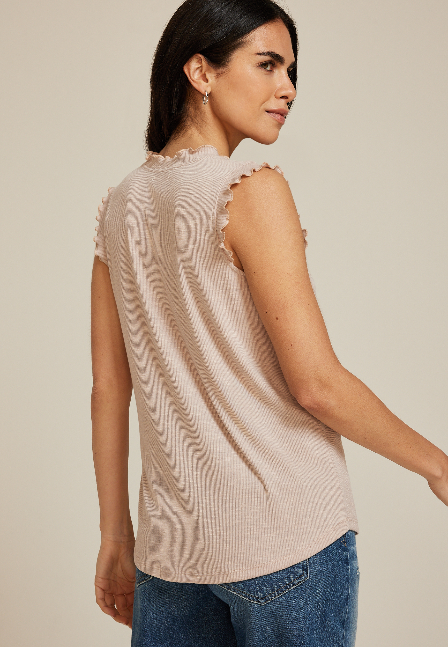 Ruffle Trim V Neck Tank Top, CAMEL, large