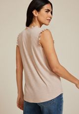 Ruffle Trim V Neck Tank Top, CAMEL, small