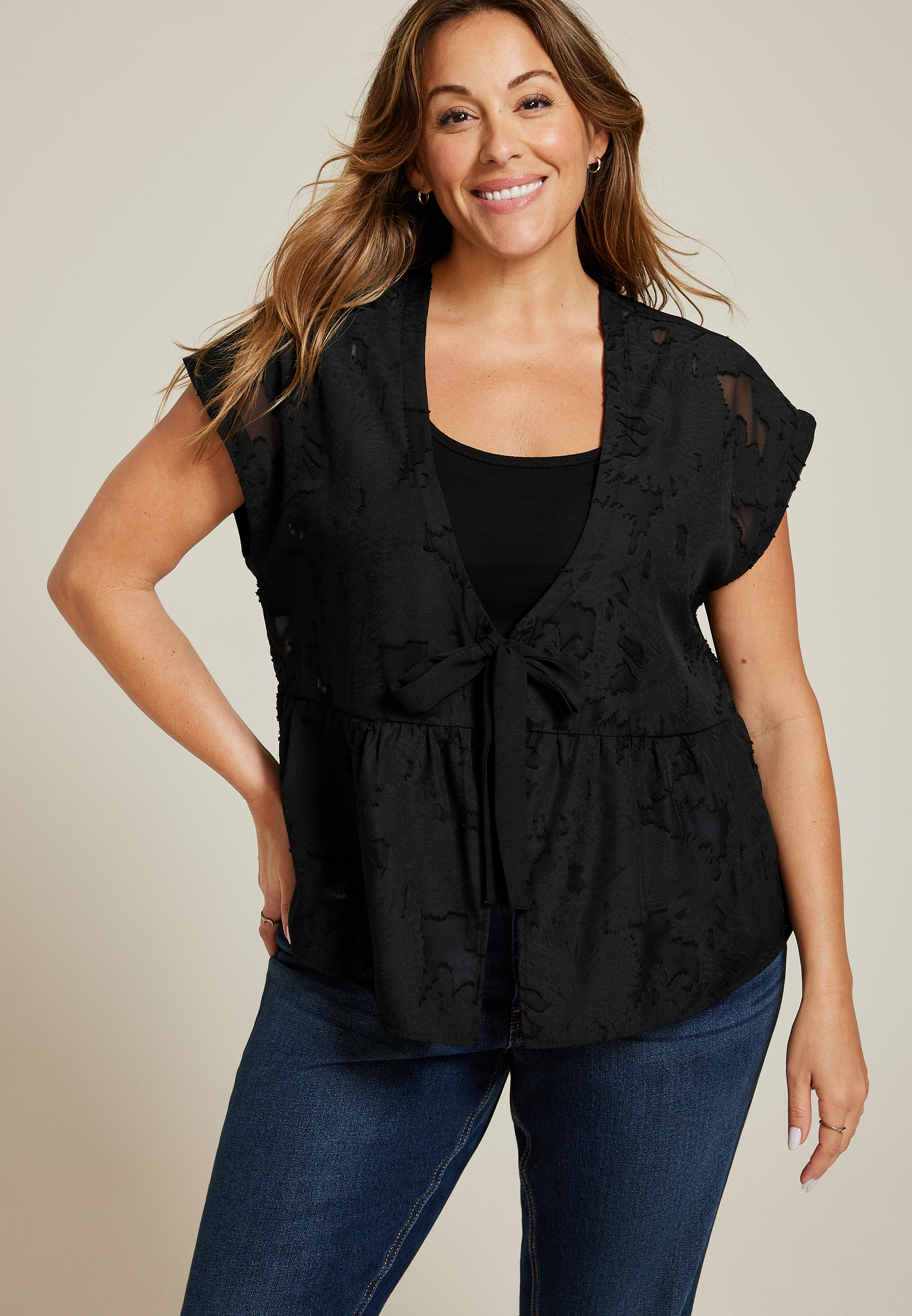 Plus Size Studio Y Jacquard Front Tie Peplum Cardigan