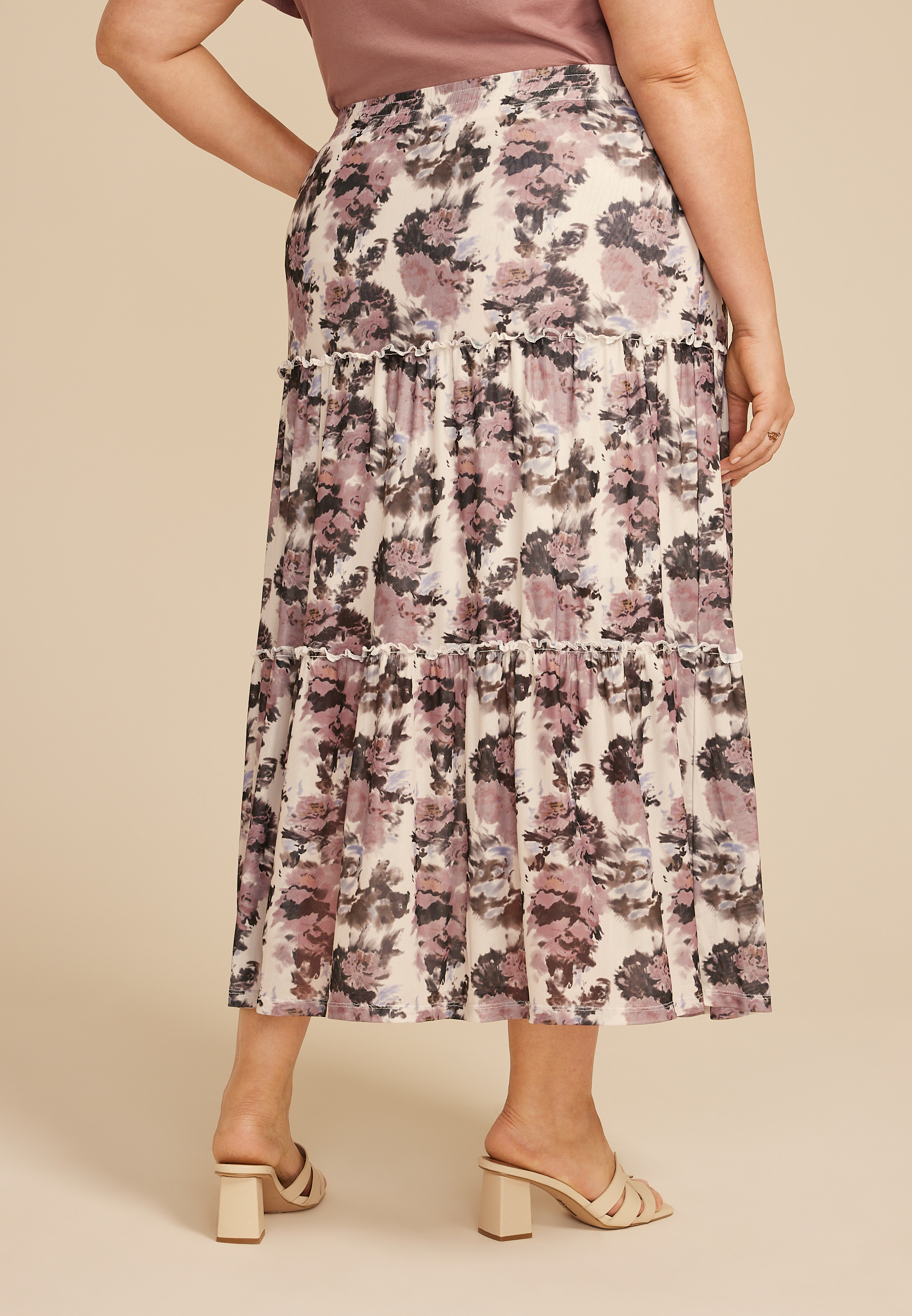 Plus Size Studio Y Abstract Floral Mesh Tiered Maxi Skirt, C1524, large