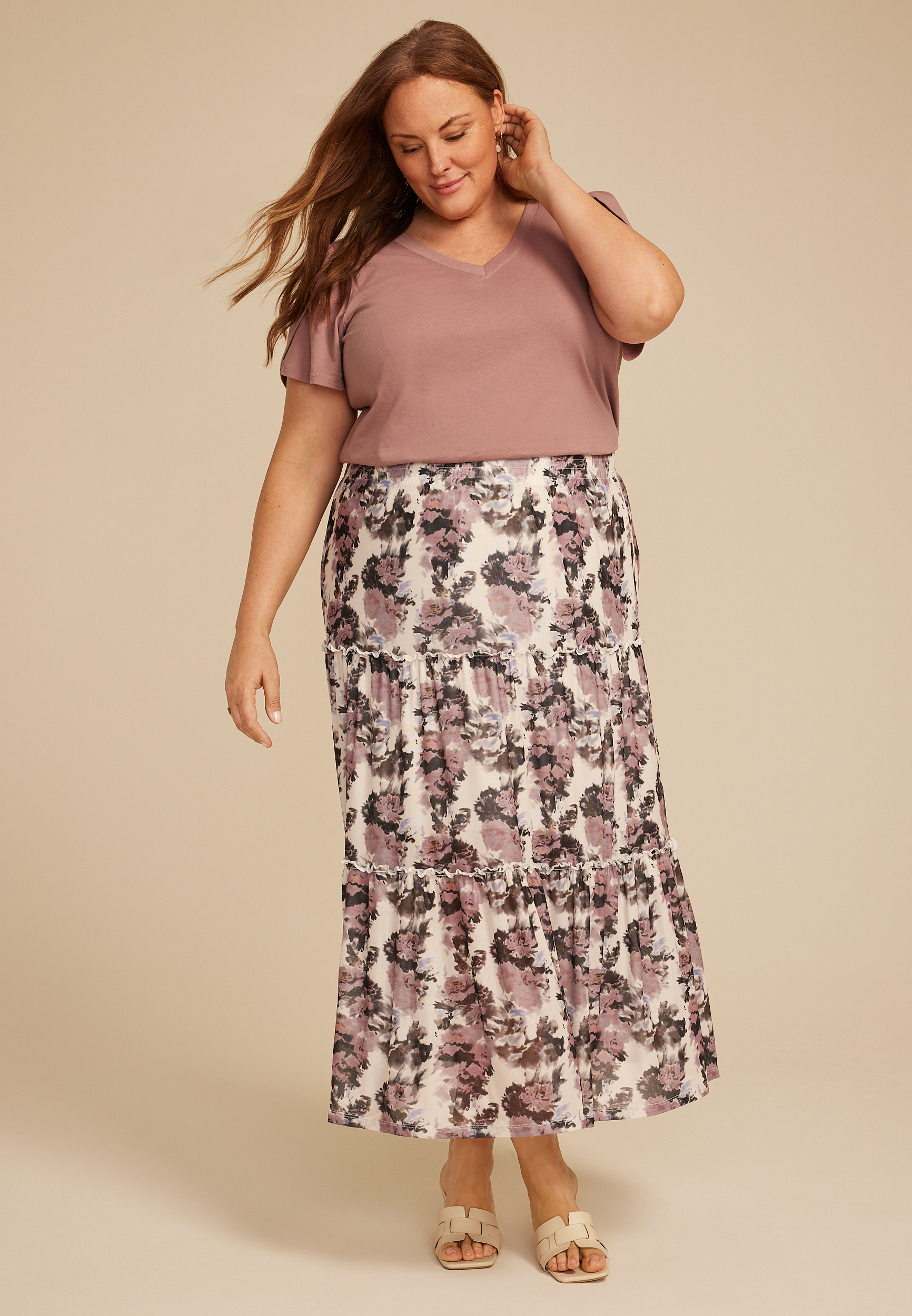 Plus Size Studio Y Abstract Floral Mesh Tiered Maxi Skirt