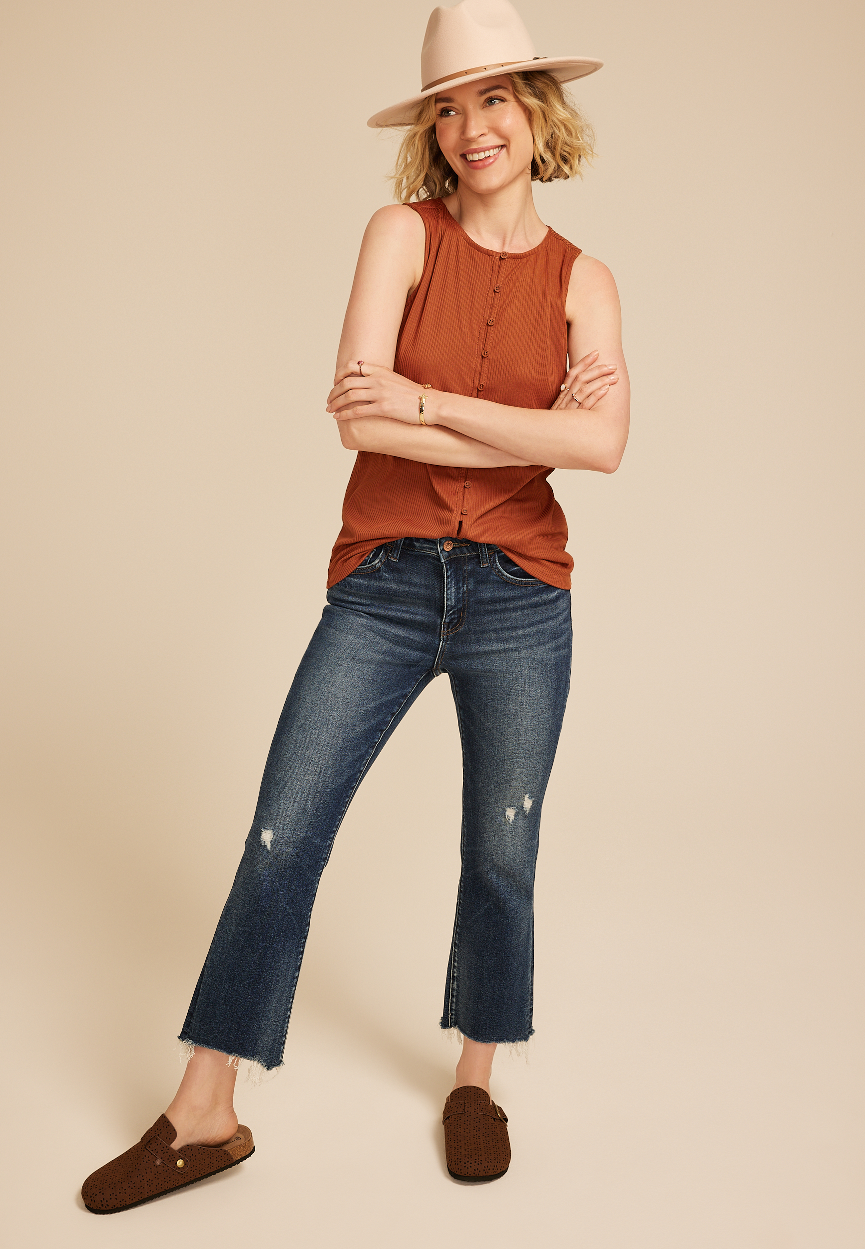 Ribbed Button Front Tank Top, C1018, large
