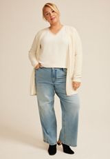 Plus Size Silver Metallic Textured Open Front Cardigan, ECRU, small