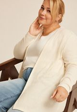 Plus Size Silver Metallic Textured Open Front Cardigan, ECRU, small