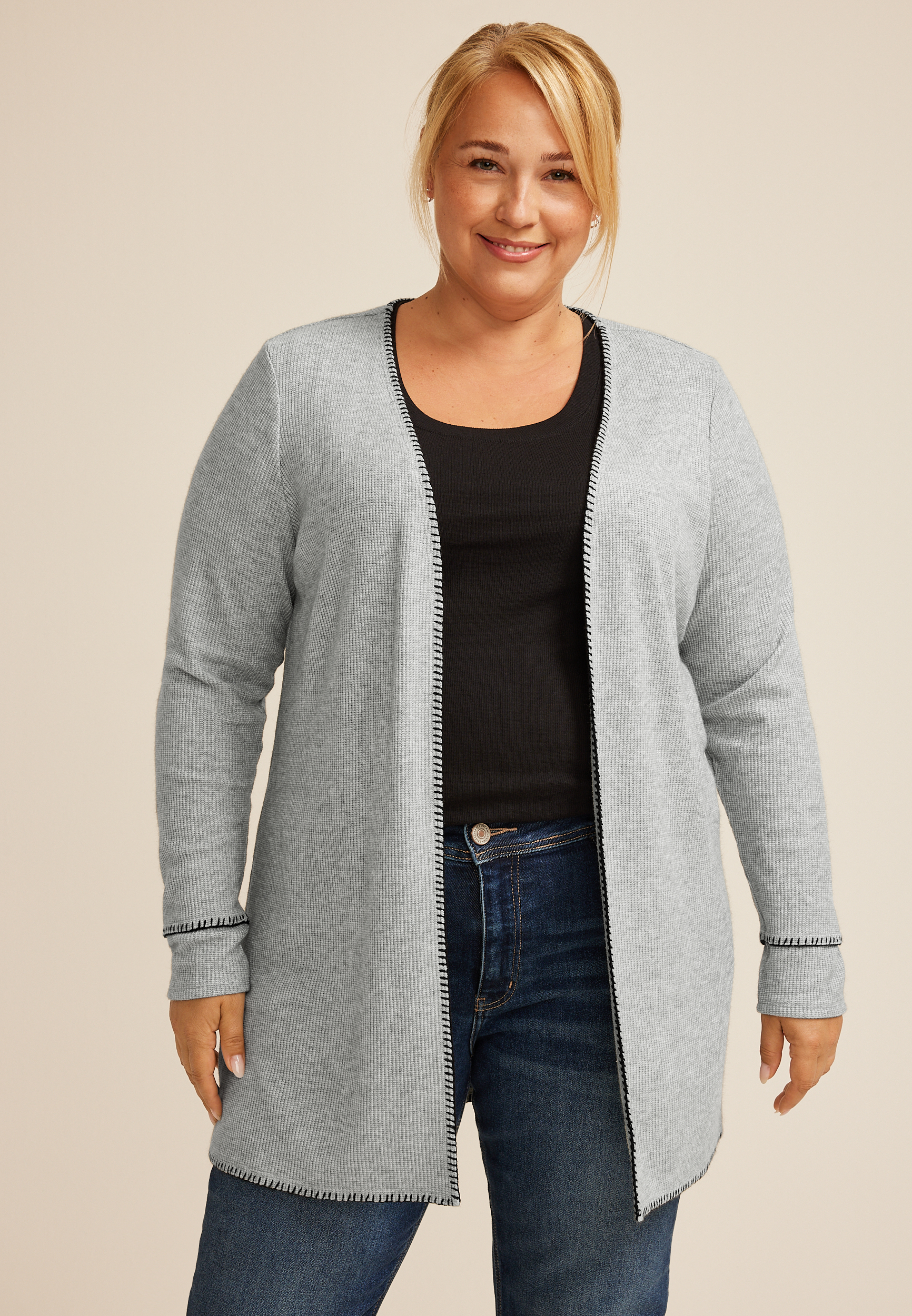 Plus Size Whipstitch Trim Open Front Cardigan