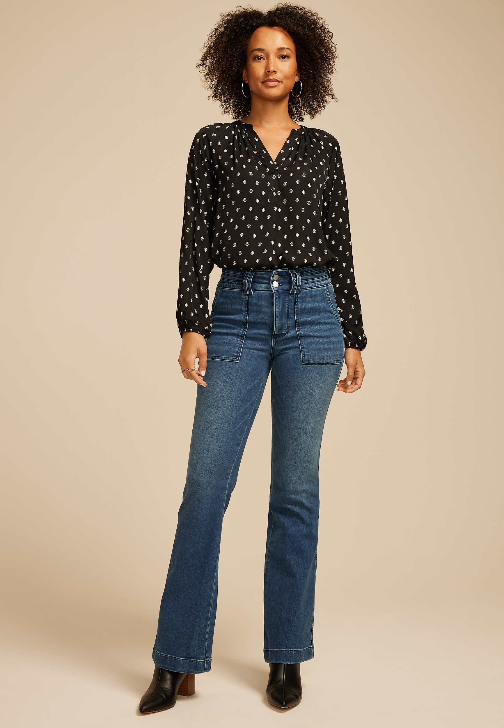 Everflex&trade; Dark High Rise Patch Pocket Flare Jean, C258, large