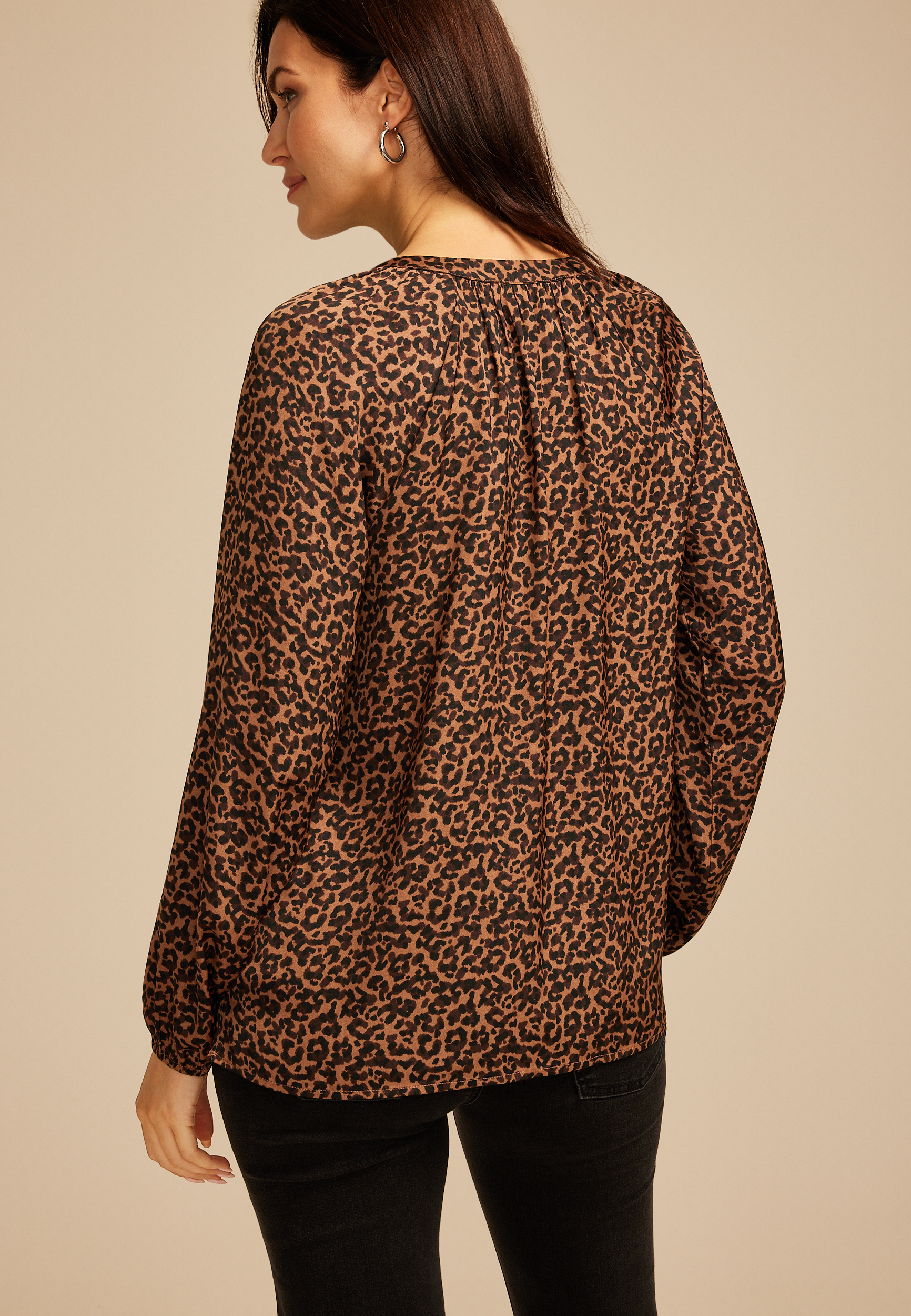 Leopard V Neck Blouse, BROWN COMBO, large