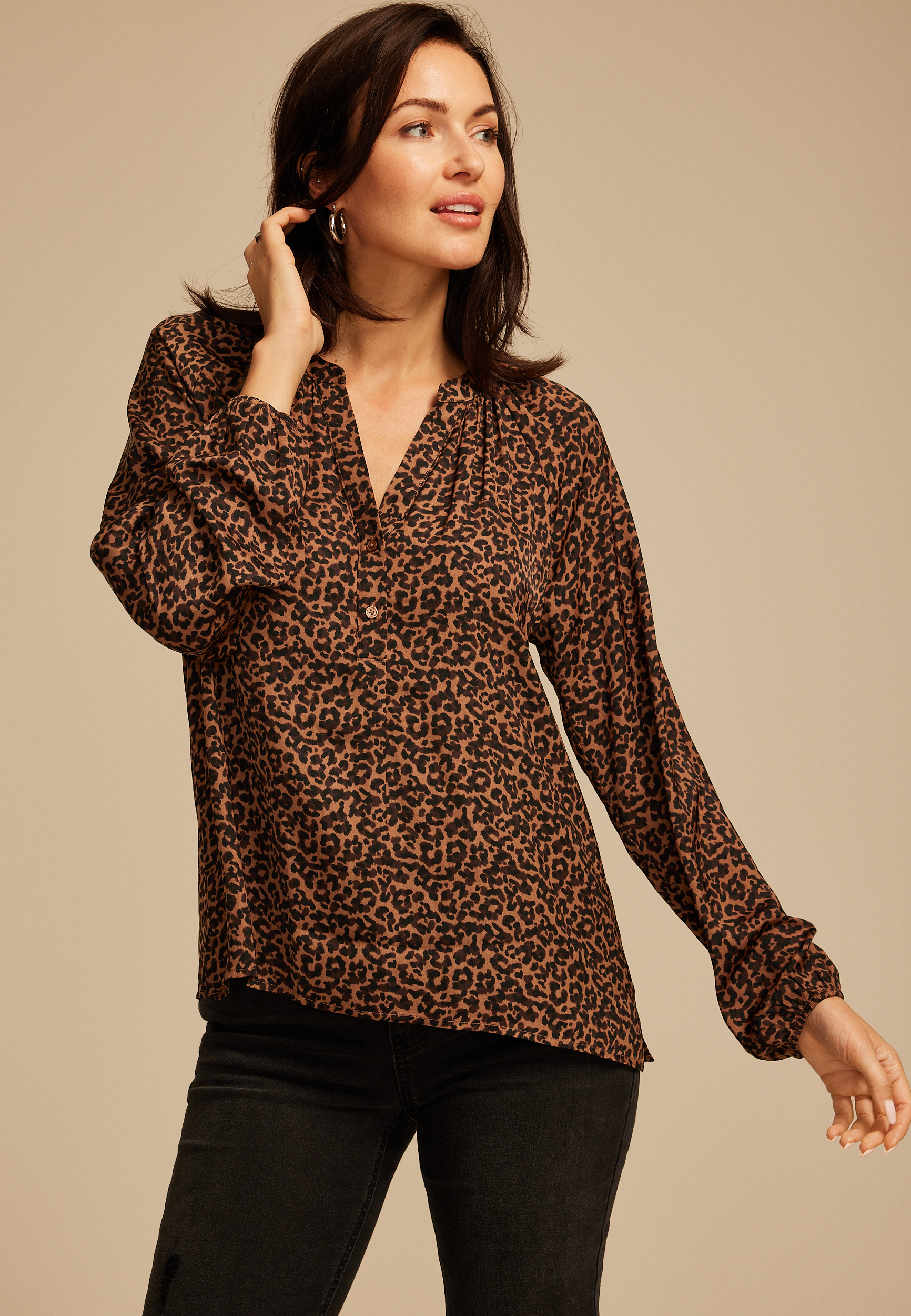 Leopard V Neck Blouse, BROWN COMBO, large