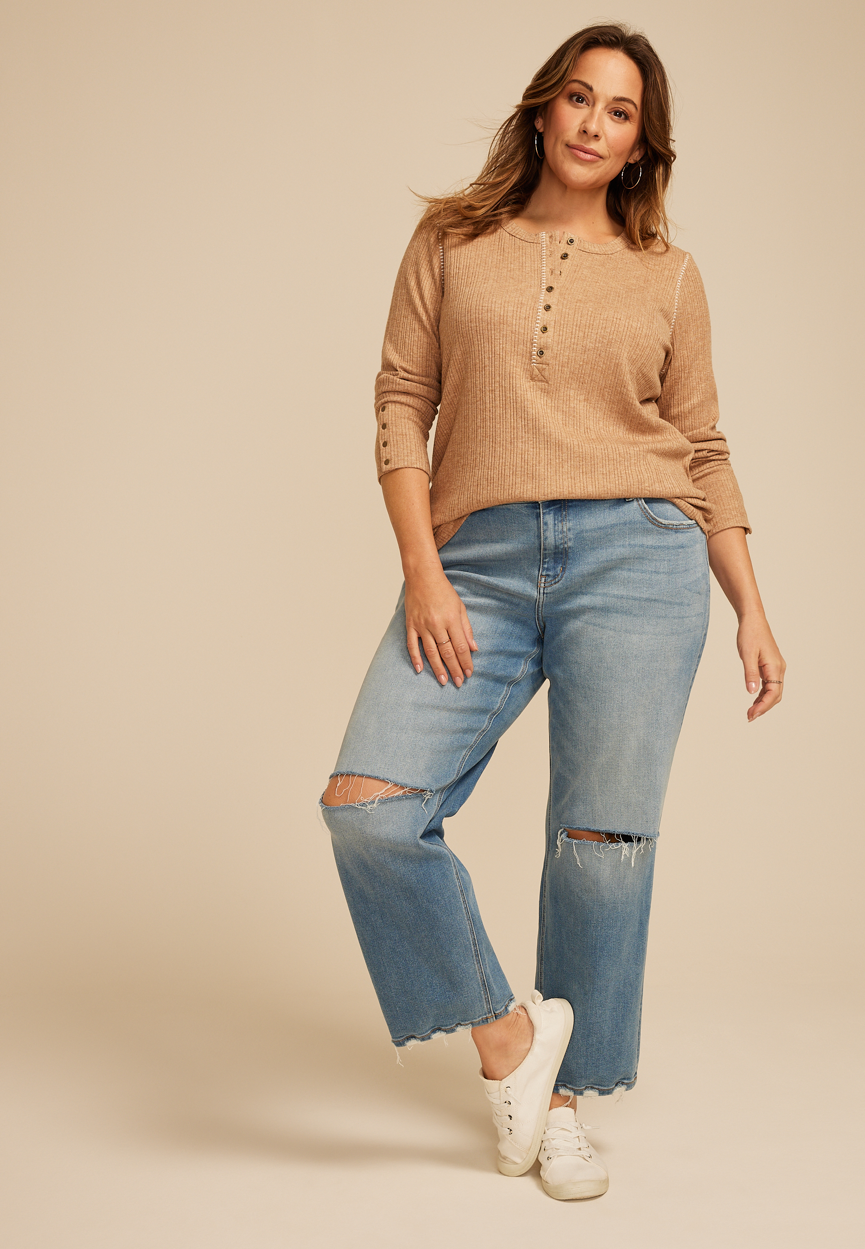 Plus Size Whipstitch Henley Long Sleeve Tee