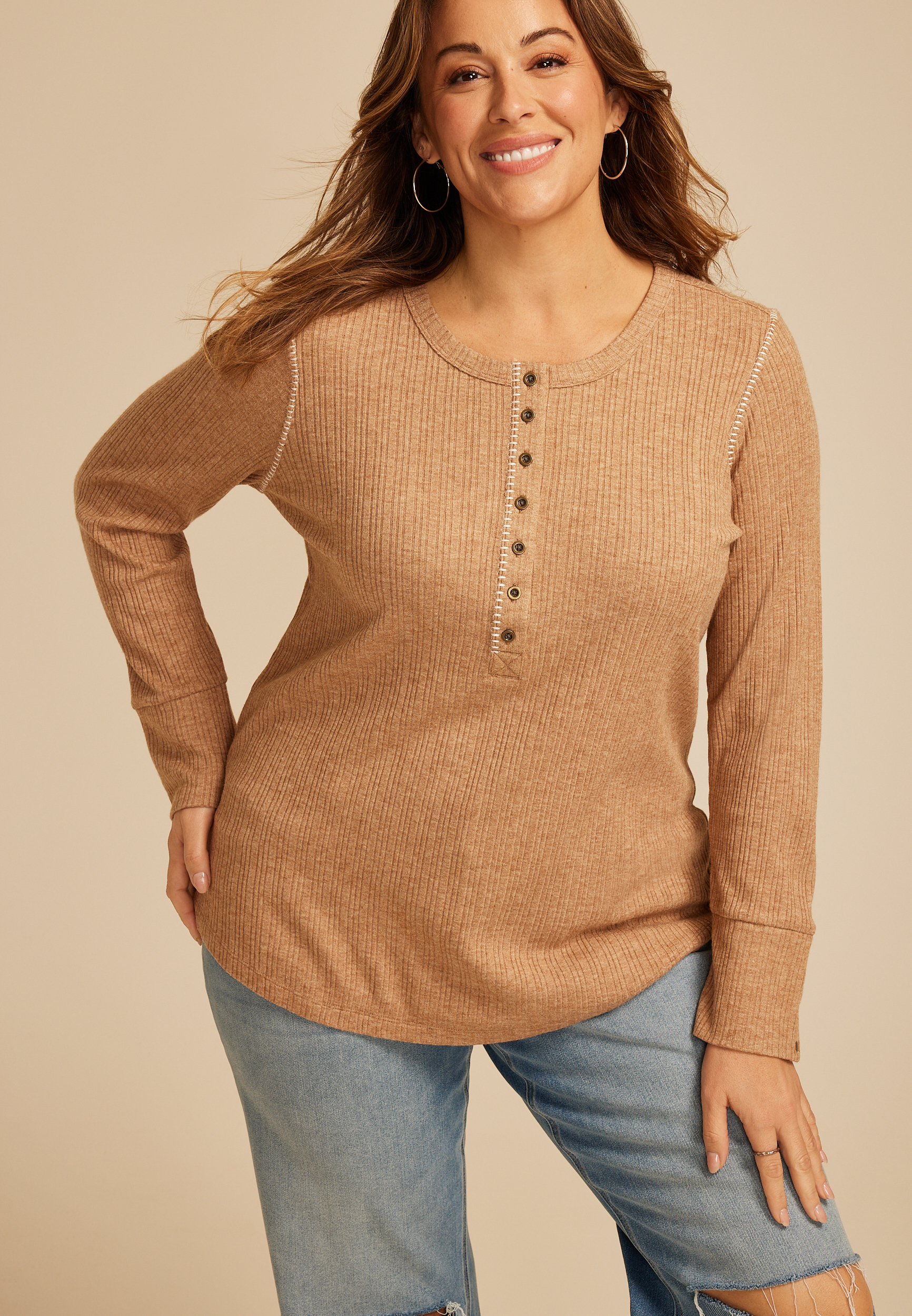 Plus Size Whipstitch Henley Long Sleeve Tee, C520, large