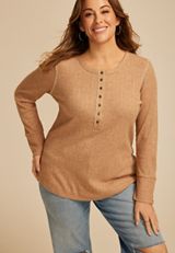 Plus Size Whipstitch Henley Long Sleeve Tee, C520, small