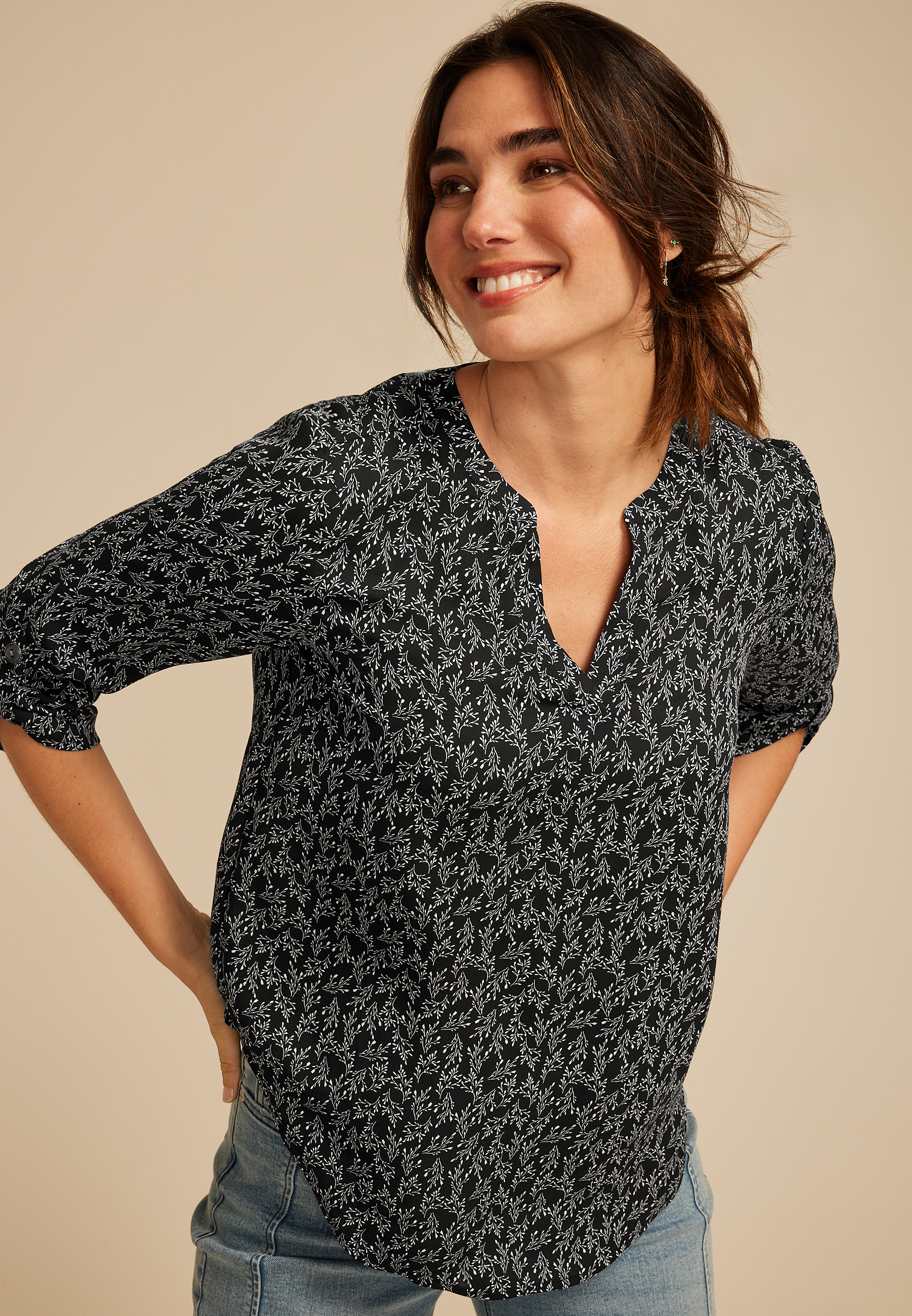 Atwood 3/4 Sleeve Wheat V Neck Blouse, C1756, large