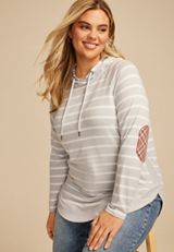 Plus Size Haven Striped Round Hem Hoodie, LIGHT HEATHER GRAY COMBO, small