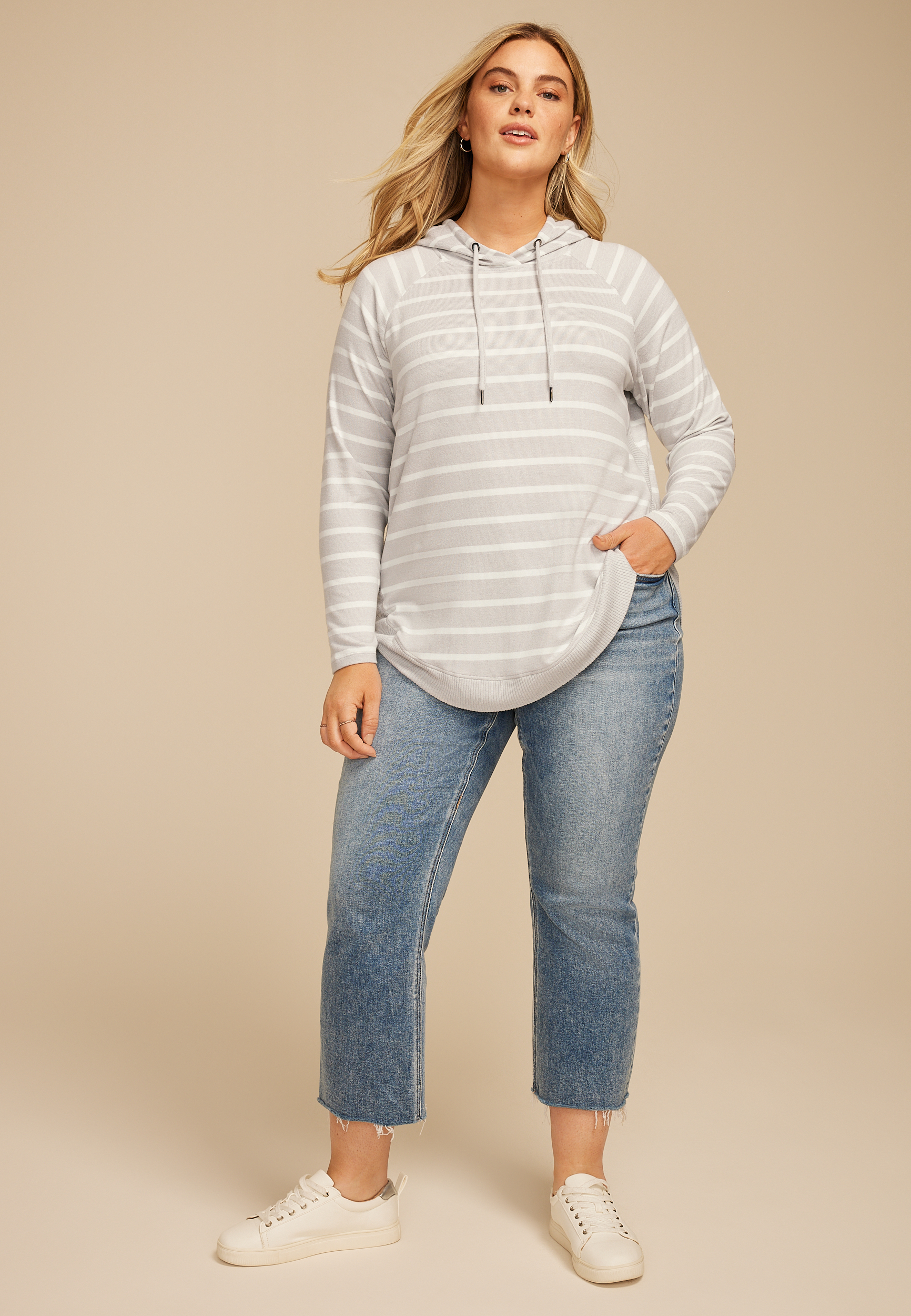 Plus Size Haven Striped Round Hem Hoodie, LIGHT HEATHER GRAY COMBO, large