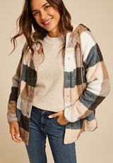 Sherpa Plaid Hooded Snap Button Front Jacket, MULTI, small