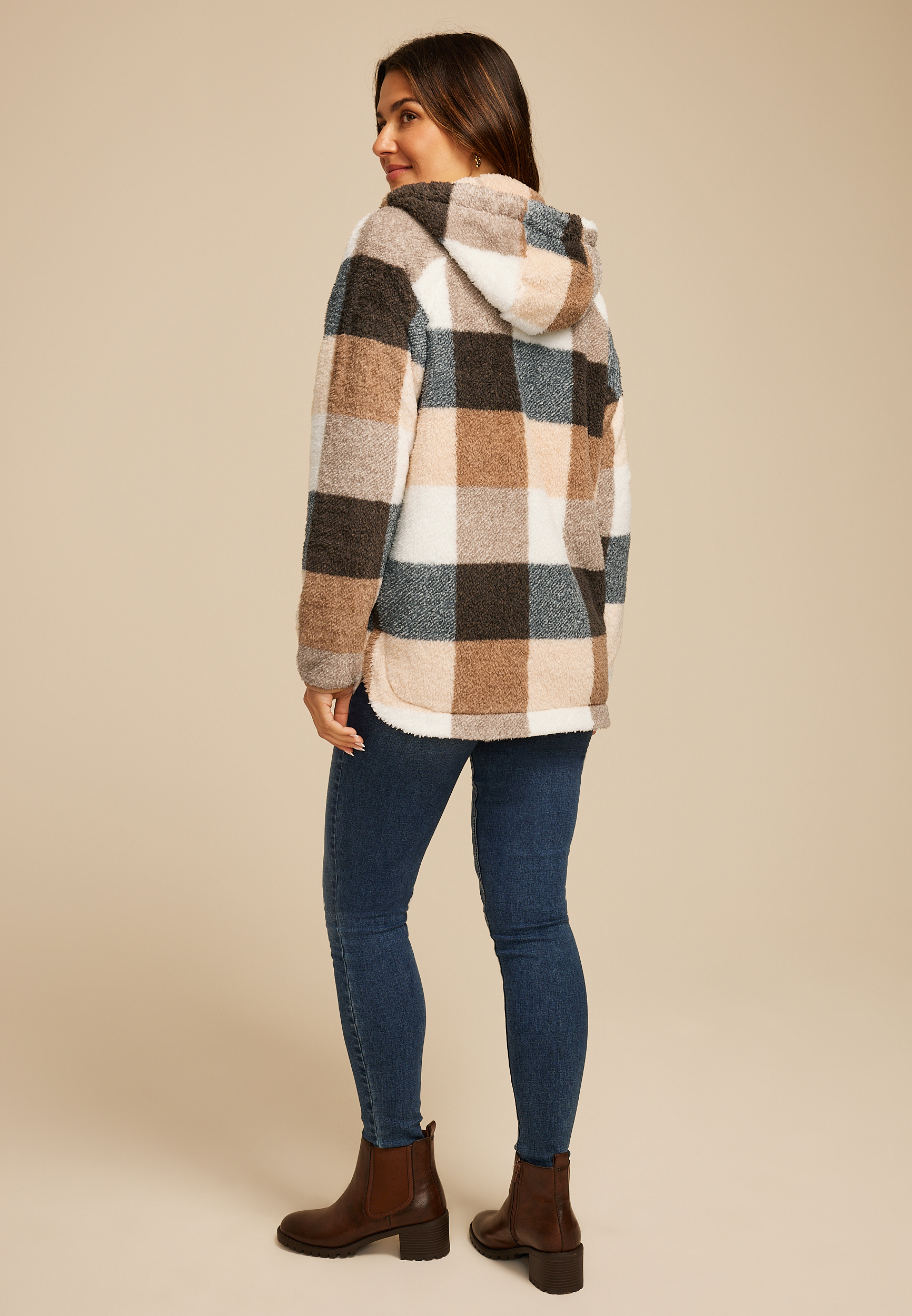 Sherpa Plaid Hooded Snap Button Front Jacket, MULTI, large