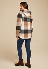 Sherpa Plaid Hooded Snap Button Front Jacket, MULTI, small